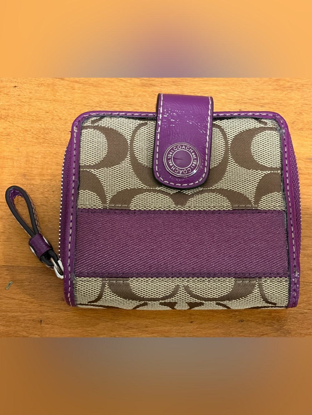 COACH Tan Signature Canvas Wallet with Purple Trim